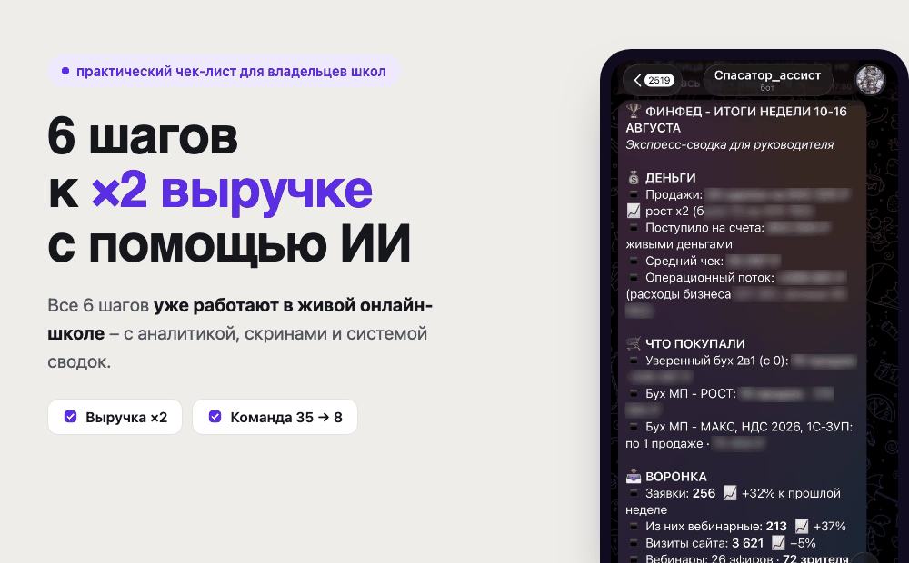Чек-лист «6 шагов к ×2 выручке онлайн-школы с помощью ИИ»